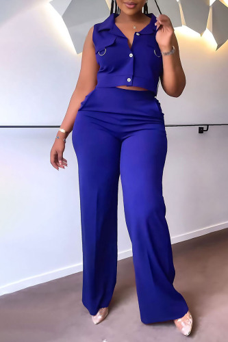 Blue Casual Elegant Solid Patchwork Buckle Turndown Collar Sleeveless Two Pieces