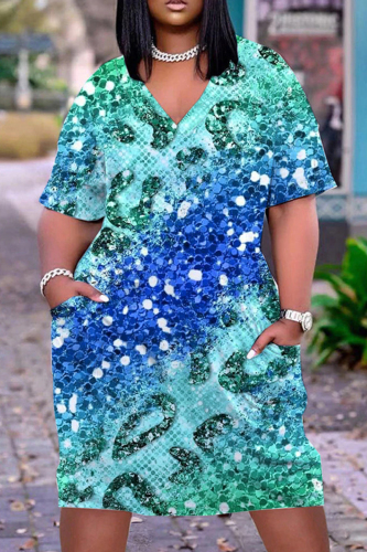 Blue Casual Print Patchwork Basic V Neck Short Sleeve Dress