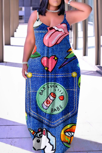 Blue Sexy Casual Print Backless Spaghetti Strap Long Dress Dresses