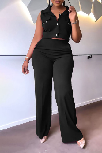 Black Casual Elegant Solid Patchwork Buckle Turndown Collar Sleeveless Two Pieces