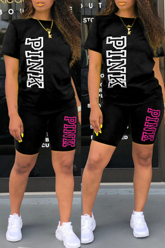 Black Casual Print Letter O Neck Short Sleeve Two Pieces