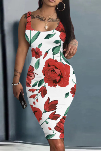 White Red Casual Print Basic U Neck Vest Dress Dresses