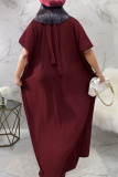 Burgundy Casual Solid Bandage Patchwork Ribbon Collar Straight Dresses