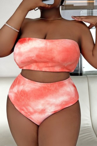 Orange Sexy Print Tie Dye Backless Strapless Plus Size Swimwear (With Paddings)