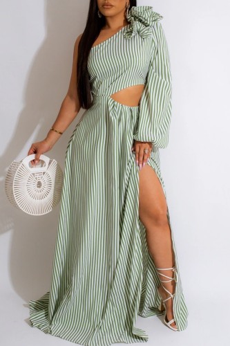 Green Casual Striped Print Hollowed Out Backless Slit Oblique Collar Long Dress Dresses