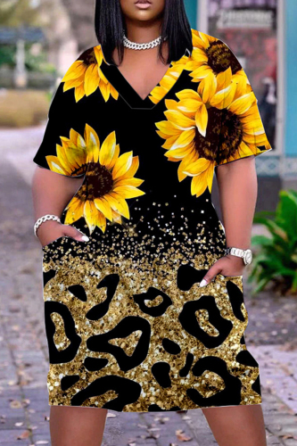 Black Yellow Casual Print Patchwork Basic V Neck Short Sleeve Dress