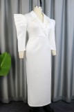 White Casual Solid Slit Turndown Collar Suit Dress Dresses