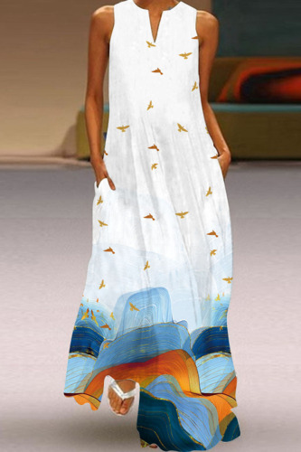 White Blue Casual Elegant Print Patchwork V Neck A Line Dresses