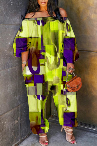 Green Casual Print Basic Off the Shoulder Regular Jumpsuits