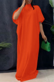 Tangerine Red Casual Solid Bandage Patchwork Ribbon Collar Straight Dresses
