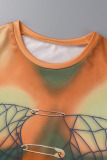 Orange Sexy Street Print Patchwork Metal Accessories Decoration O Neck T-Shirts