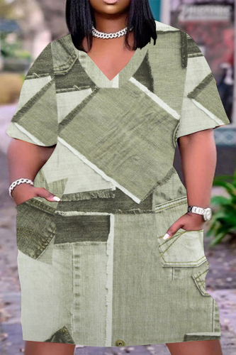 Light Green Casual Street Vintage Print Make Old Pocket V Neck A Line Plus Size Dresses