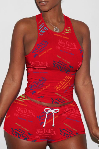 Red Casual Print Basic O Neck Sleeveless Two Pieces
