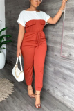 Red Casual Simplicity Solid Patchwork Solid Color Contrast Boat Neck Regular Jumpsuits