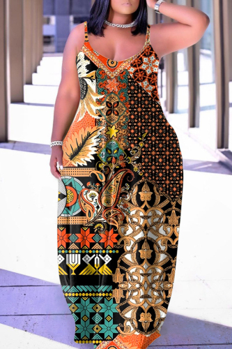 Orange Sexy Casual Print Backless Spaghetti Strap Long Dress Dresses