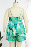 Green Casual Print Patchwork Spaghetti Strap Plus Size Two Pieces