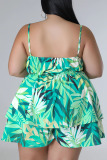 Green Casual Print Patchwork Spaghetti Strap Plus Size Two Pieces