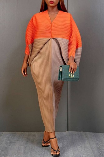 Orange Khaki Casual Print Patchwork V Neck Pencil Skirt Plus Size Dresses