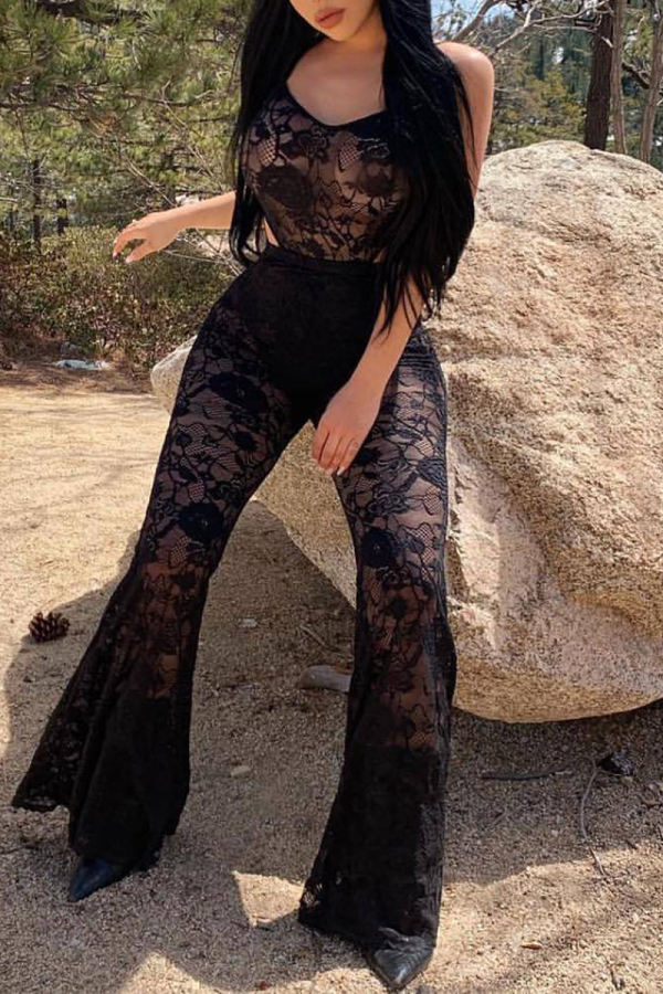 Black Sexy Street Solid Lace Cut Out Spaghetti Strap Regular Jumpsuits