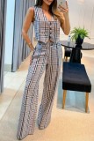 Light Gray Casual Plaid Print Patchwork V Neck Sleeveless Two Pieces
