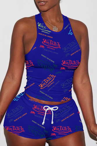 Royal Blue Casual Print Basic O Neck Sleeveless Two Pieces
