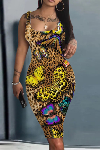 Leopard Print Casual Print Basic U Neck Vest Dress Dresses