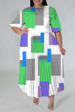 Blue Casual Print Patchwork Fold O Neck A Line Plus Size Dresses