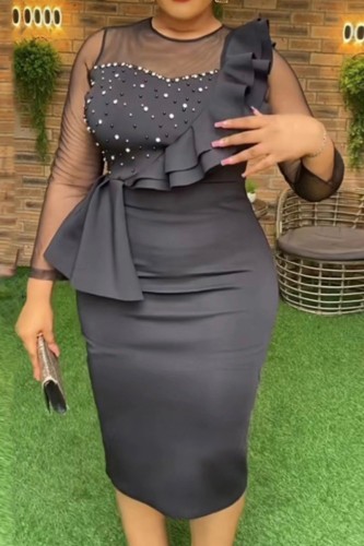 Black Casual Solid Patchwork O Neck Long Sleeve Plus Size Dresses