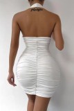 White Sexy Solid Backless Fold Halter Sleeveless Dress Dresses