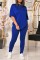 Blue Casual Solid Basic O Neck Short Sleeve Two Pieces