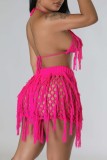 White Sexy Solid Tassel Hollowed Out See-through Backless Halter Sleeveless Two Pieces