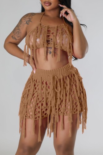 Khaki Sexy Solid Tassel Hollowed Out See-through Backless Halter Sleeveless Two Pieces