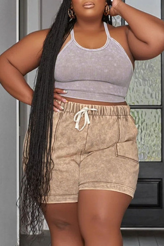 Apricot Casual Print Patchwork Spaghetti Strap Plus Size Two Pieces