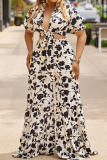 White Casual Daily Floral Bandage Patchwork Printing Stringy Selvedge Smocking V Neck Half Sleeve Two Pieces