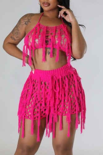 Rose Red Sexy Solid Tassel Hollowed Out See-through Backless Halter Sleeveless Two Pieces