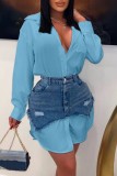 Light Blue Casual Solid Ripped Turndown Collar Long Sleeve Two Pieces