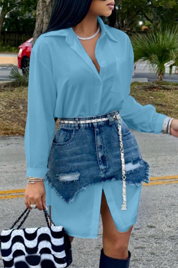 Light Blue Casual Solid Ripped Turndown Collar Long Sleeve Two Pieces