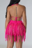Rose Red Sexy Solid Tassel Hollowed Out See-through Backless Halter Sleeveless Two Pieces