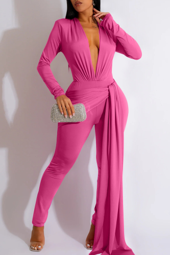 Rose Red Sexy Casual Solid Patchwork V Neck Regular Jumpsuits