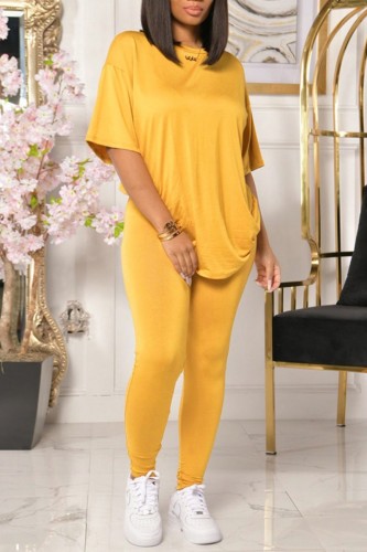 Yellow Casual Solid Basic O Neck Short Sleeve Two Pieces