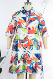 Red Casual Print Patchwork Fold Turndown Collar A Line Plus Size Dresses