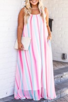 Pale Red Sexy Casual Striped Print Backless Spaghetti Strap Long Dress Plus Size Dresses