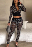 Black Sexy Party Hot Drilling Patchwork See-through Hot Drill Zipper Collar Long Sleeve Two Pieces