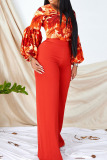 Rose Red Casual Print Patchwork Frenulum V Neck Long Sleeve Two Pieces