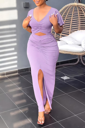 Purple Elegant Solid Patchwork Fold V Neck Short Sleeve Two Pieces
