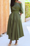 Green Fashion Elegant Solid With Belt Oblique Collar Waist Skirt Dresses