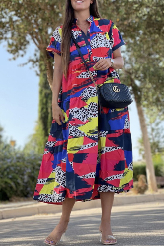 Red Vintage Elegant Geometric Print Patchwork O Neck A Line Dresses