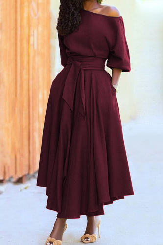 Burgundy Fashion Elegant Solid With Belt Oblique Collar Waist Skirt Dresses
