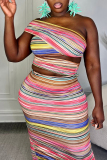 Colour Sexy Striped Print Patchwork Backless Slit Oblique Collar Long Dress Dresses