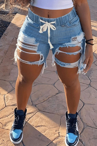 Light Blue Street Print Ripped Patchwork High Waist Denim Shorts